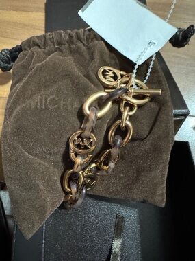 Michael Kors Gold and Tortoiseshell Chain Link Bracelet with MK Charms